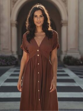 The Normal Brand V‑Neck Button Midi Dress — Brown